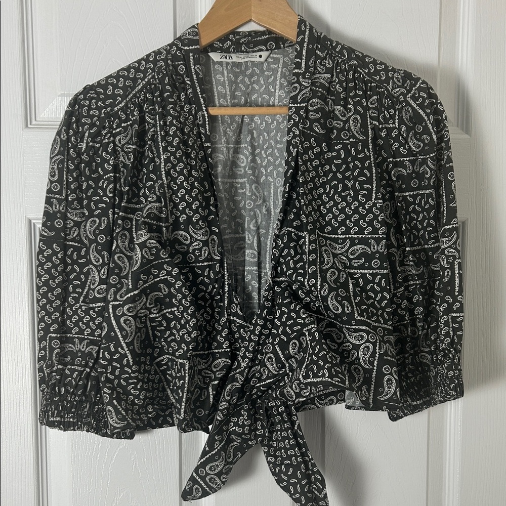 Zara Monochrome Paisley Tie-Front Blouse